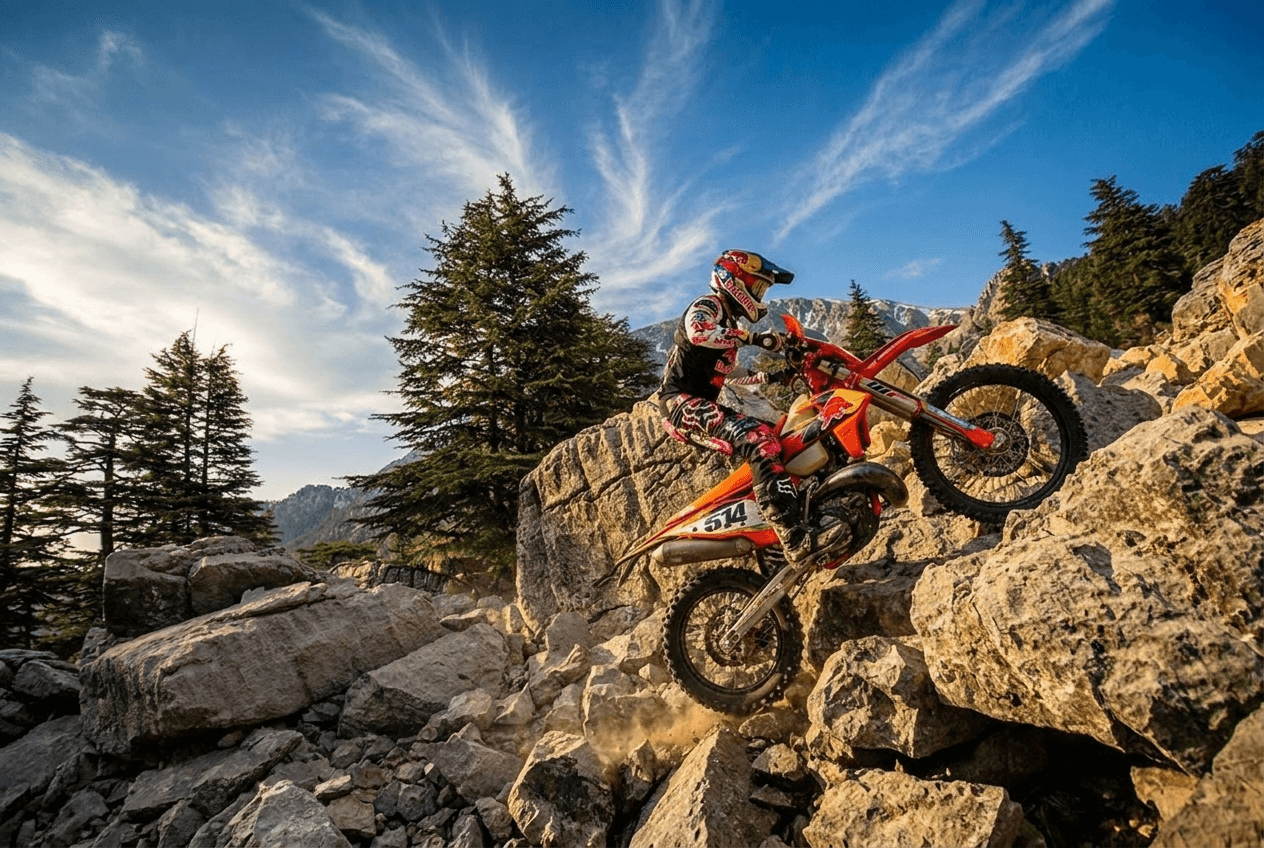 Rider climbing a rocky hill on an enduro bike