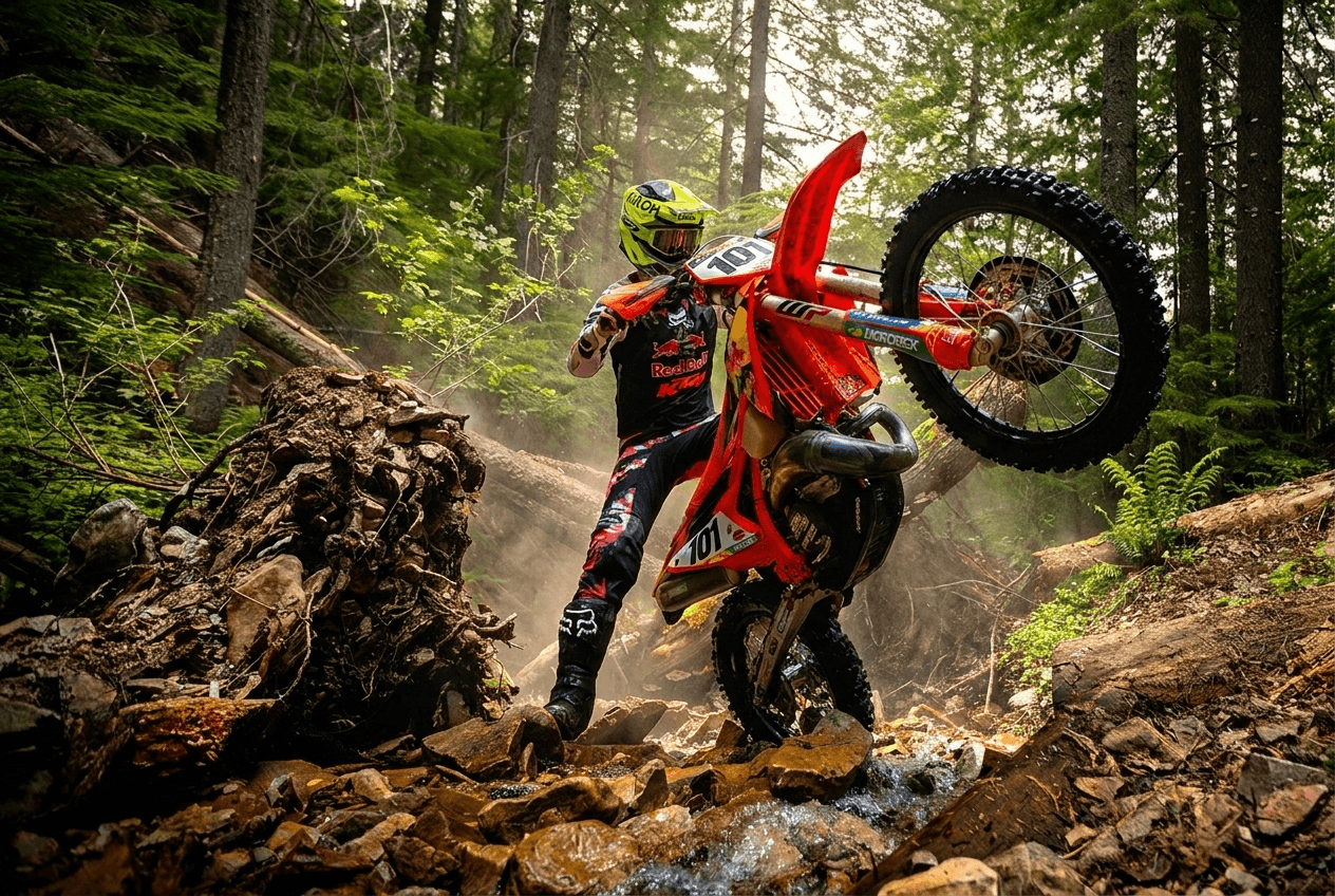 Rider pulling a wheelie through forest terrain