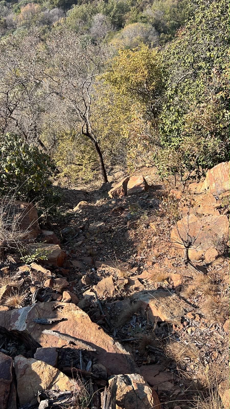 Steep rocky descent dropping away into the valley